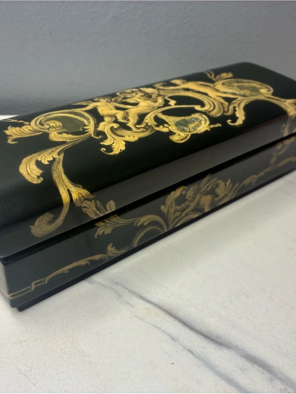 Signed 1972 Paula Geoffroy Lacquer Jewelry Box with Abalone Inlay